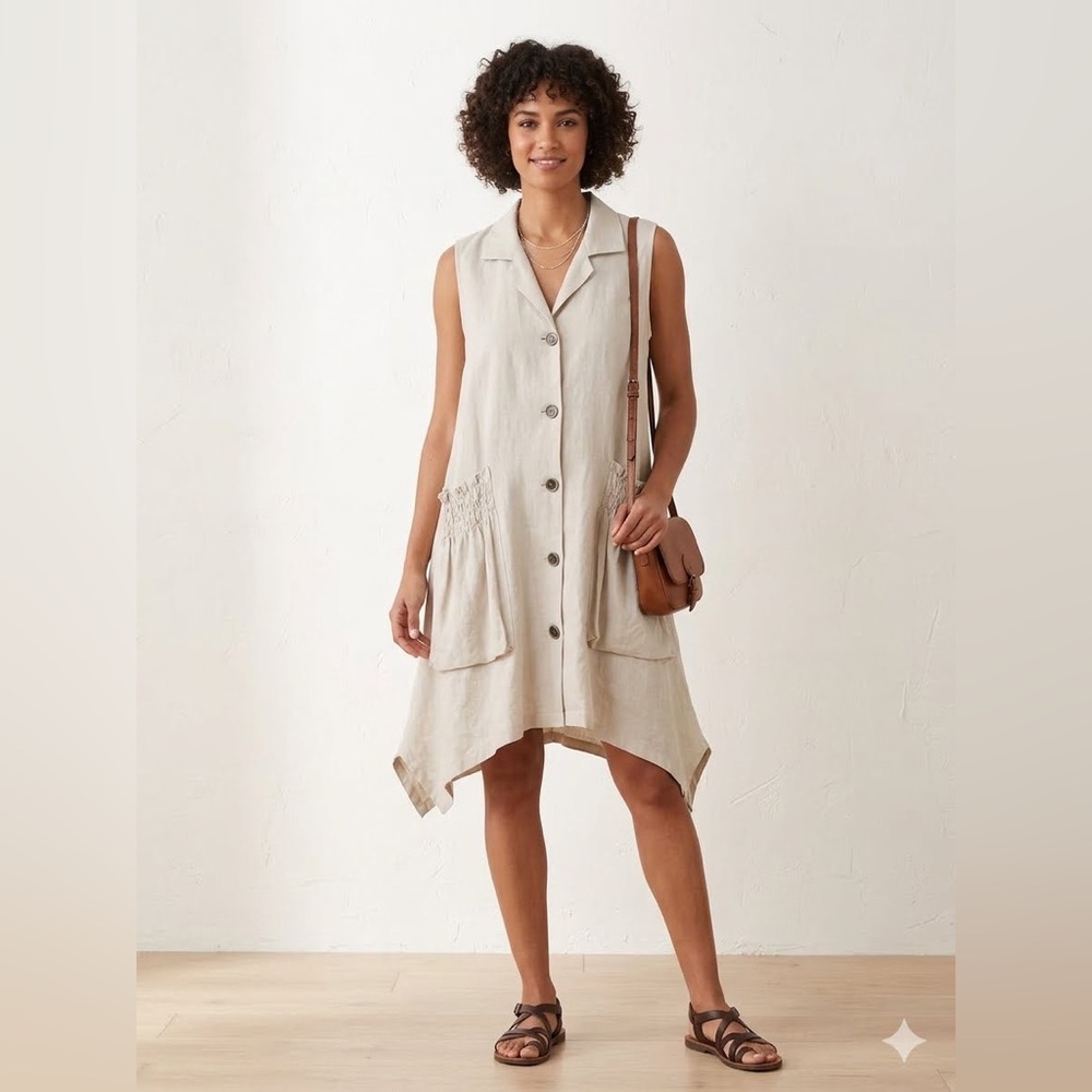 Jones New York Linen-Blend Sark Bite Hem Shirt Dress Patch Pockets coastal SZ XL